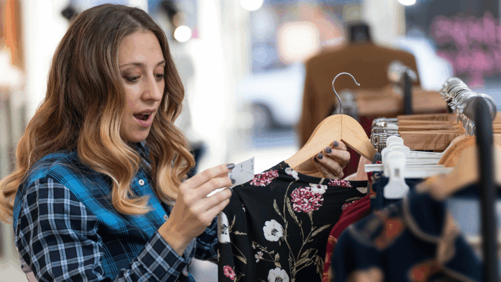 Woman Holding Looking At Price tag .